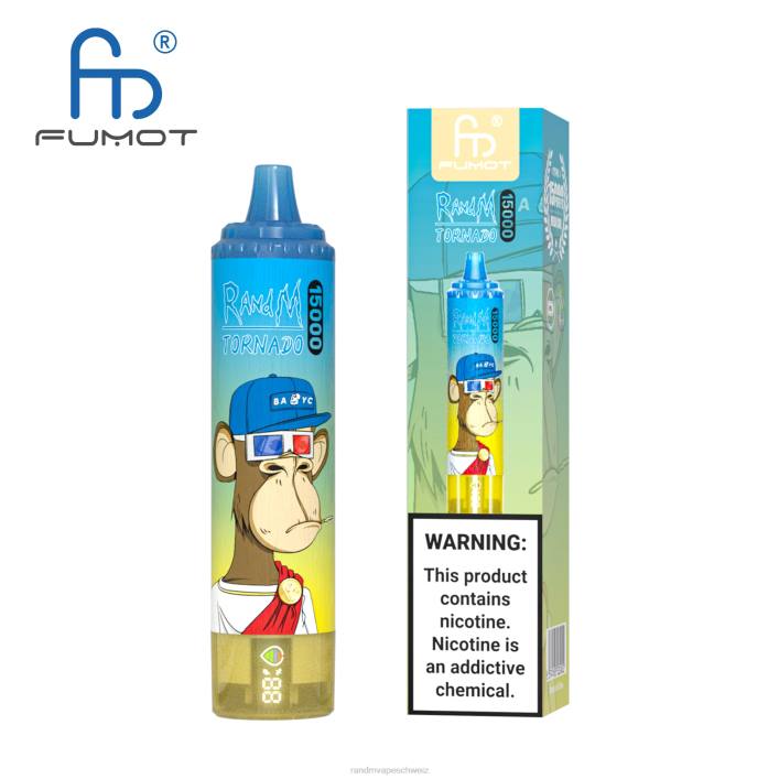 RandM Tornado Schweiz | Fumot RandM Tornado 00P253 15000 Vape-Gerät mit Akku und E-Liquid-Display Version 3 Mango auf Eis